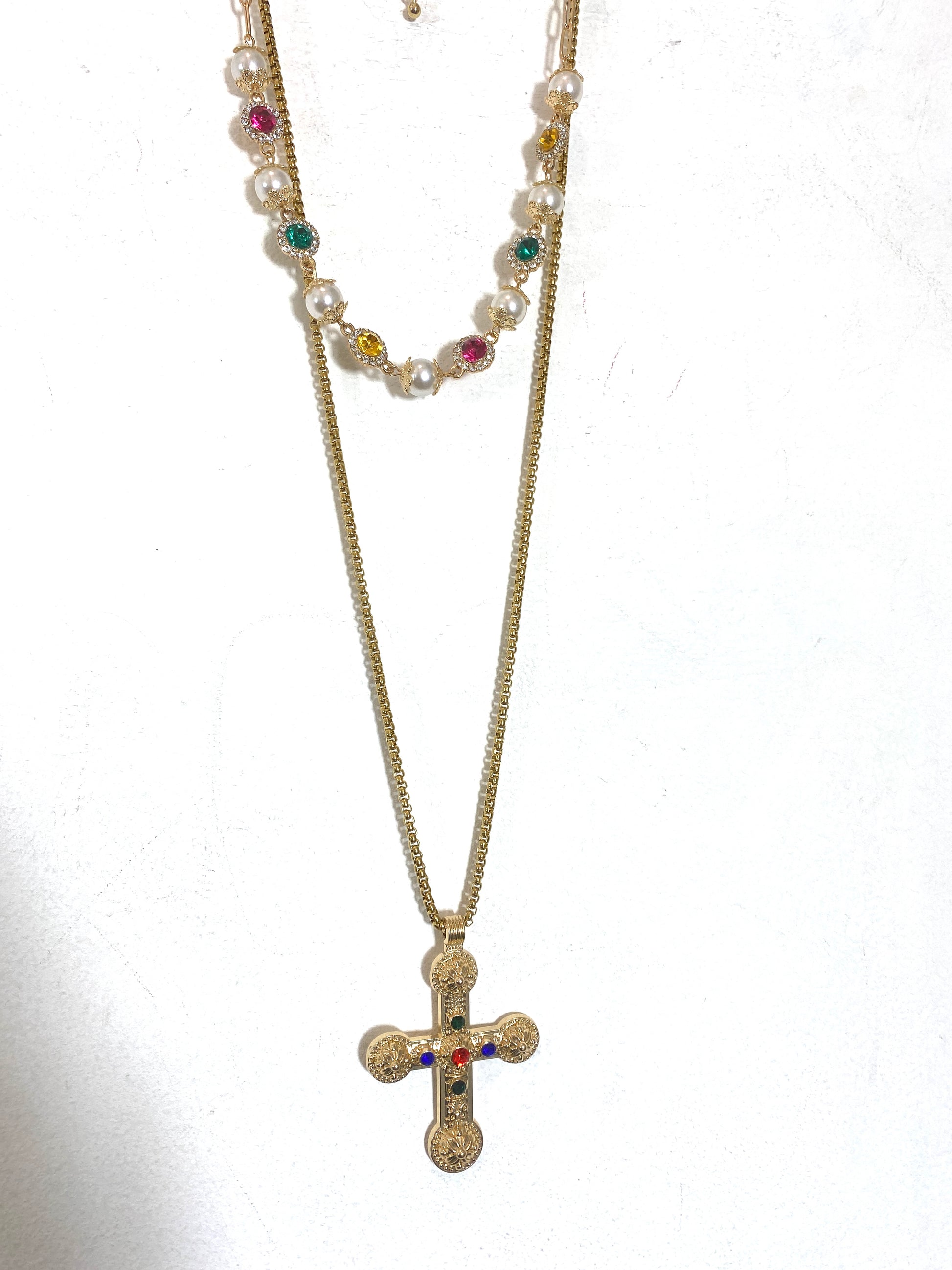 Elegant Pearl & Cross Necklace Set