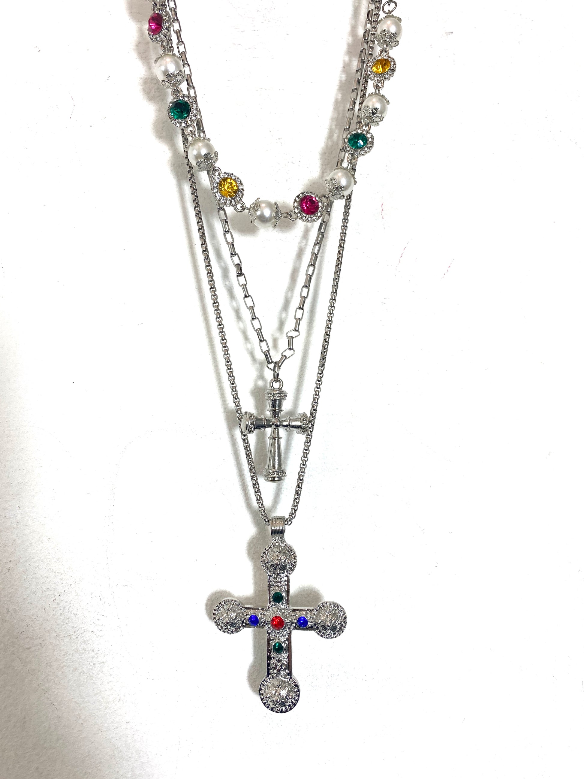 Rainbow Pearl & Cross Necklace Set