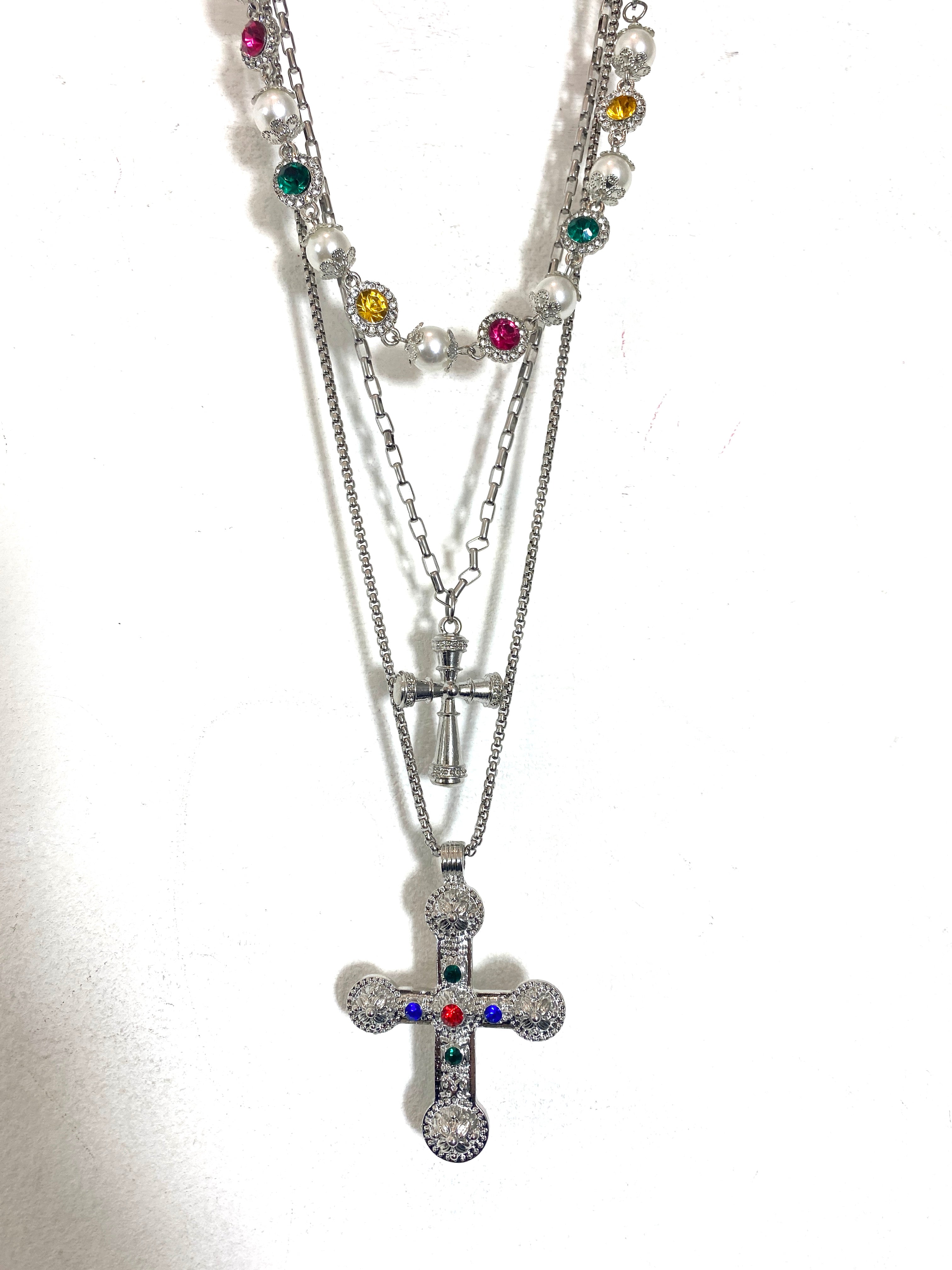 Rainbow Pearl & Cross Necklace Set