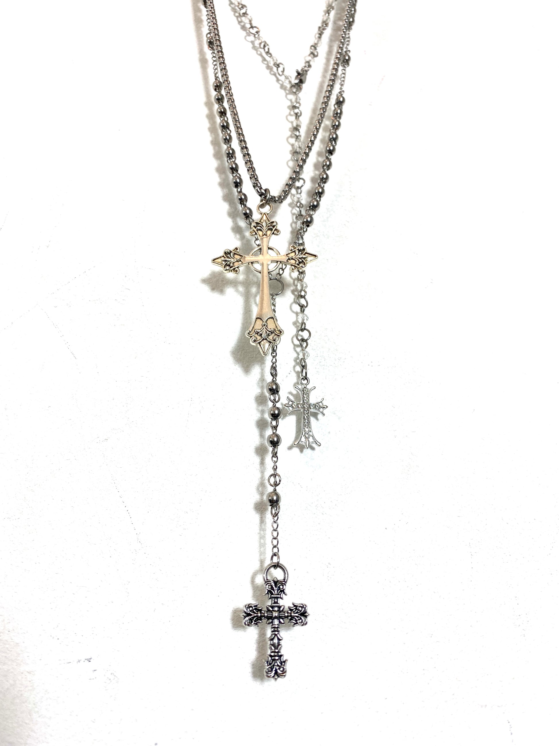 Elegant Silver Cross & Beads Necklace Set